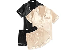 Ekouaer 2 Pack Pajama Sets for Women Silk Satin Pj Short Sleeve Button Down Sleepwear Top and Shorts Summer Lounge Set S-XXL