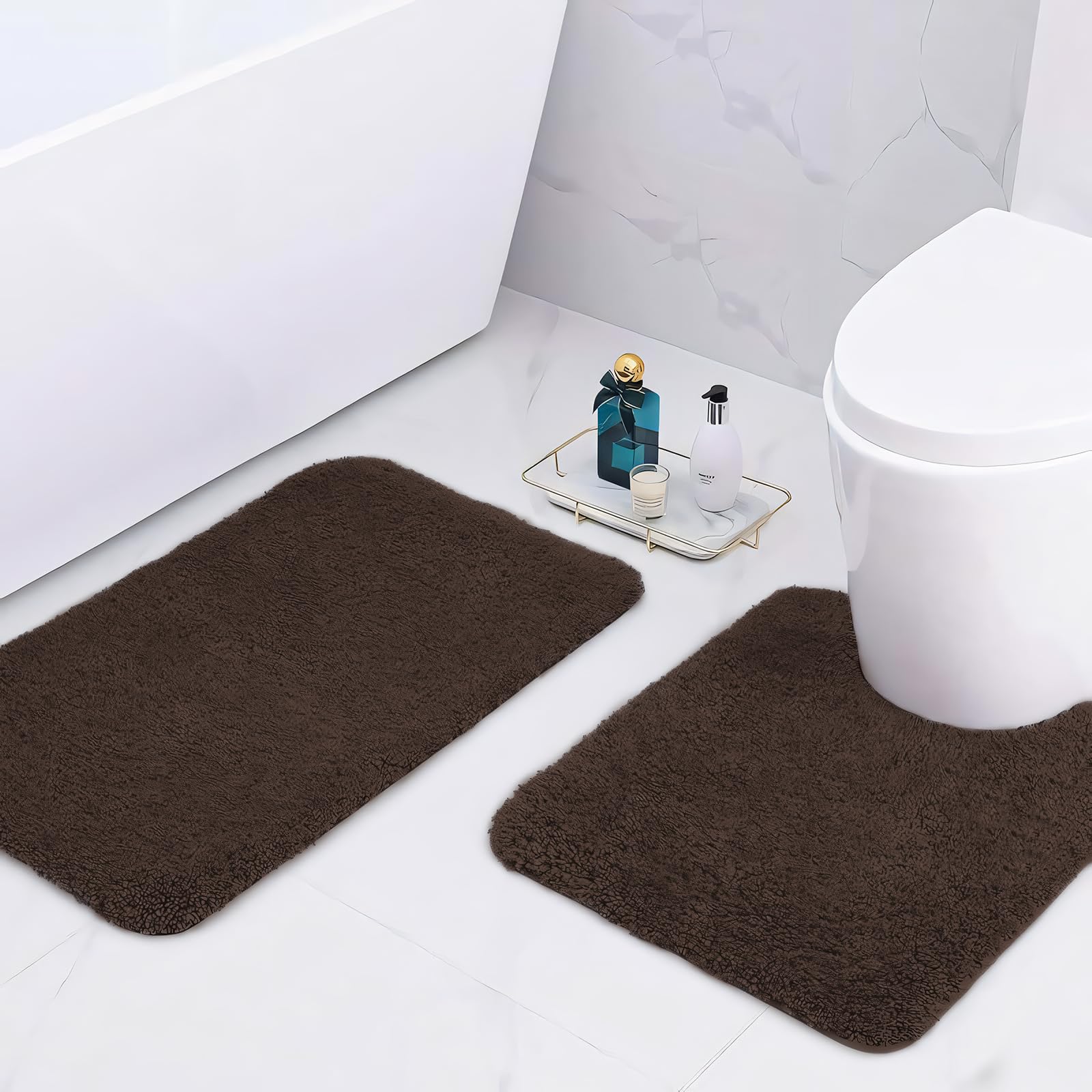 wyewye Microfibre Bath Mats, 2cm Super Thick Bath Rugs, Super Absorbent Bathroom Rugs 50x80cm and 50x50cm U-shape, Coffee