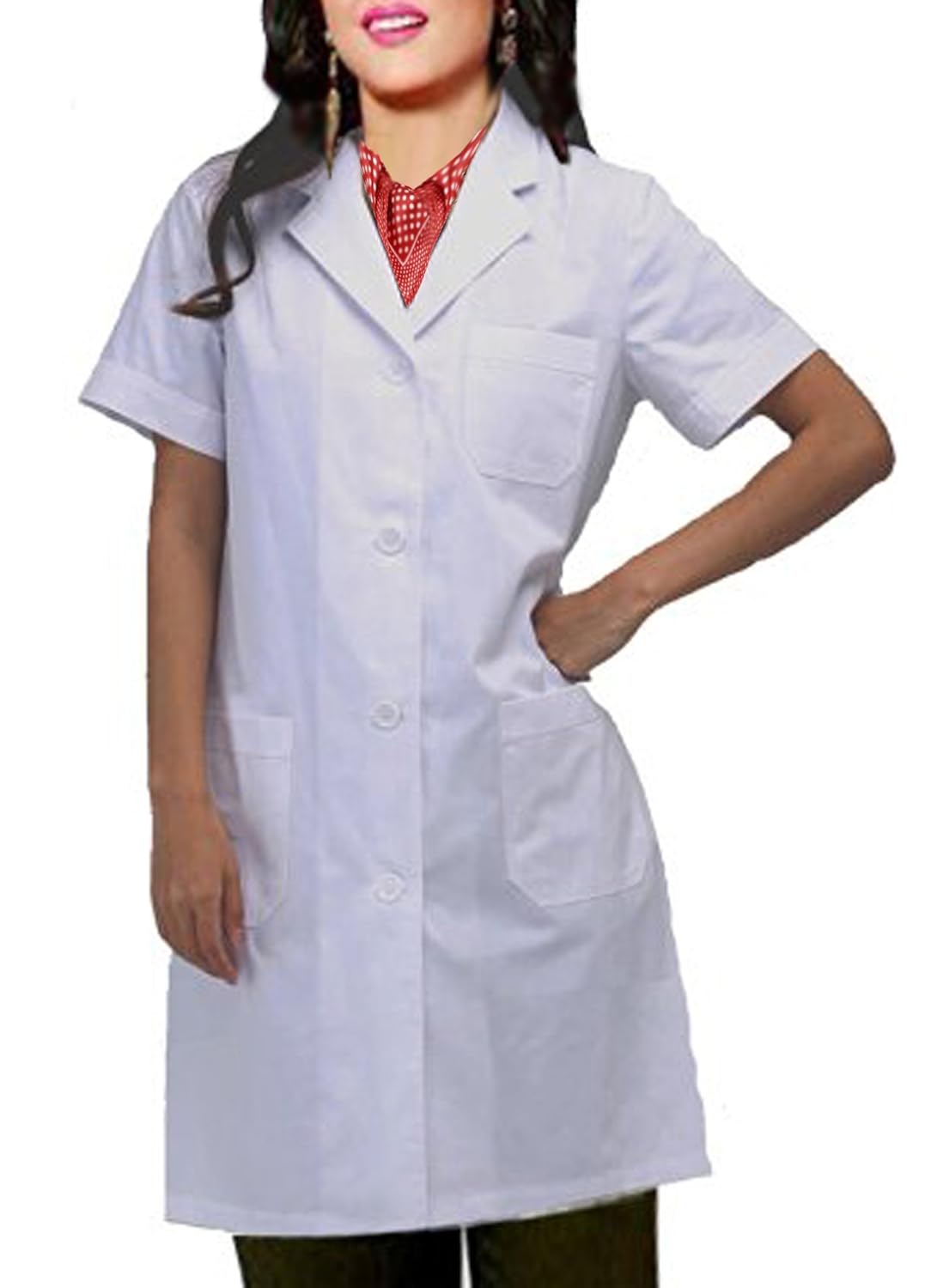 vivy shawl collar half sleeve long doctor apron & lab coat for women white