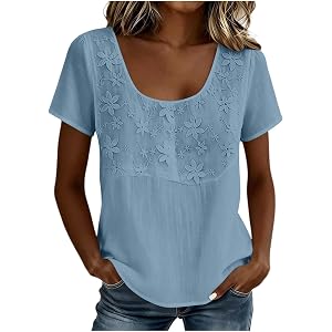 Floral Embroidered Cotton Shirts for Women U Neck Short Sleeve Tops Lightweight Gauze Tees Summer Casual Blouses