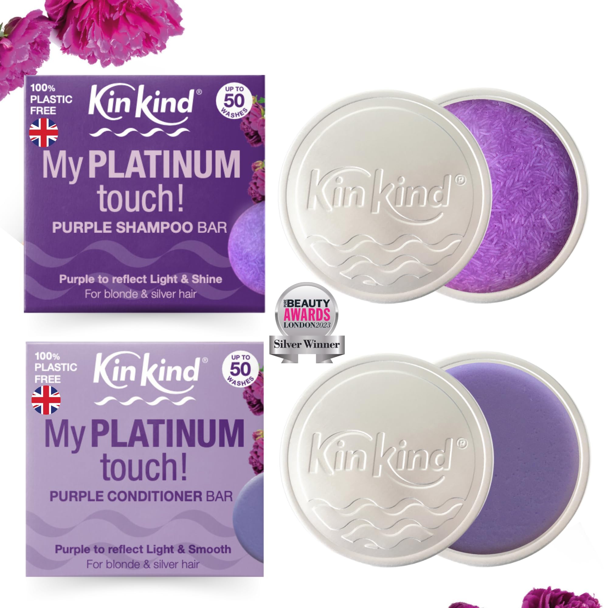 KinKind My PLATINUM touch! Purple Shampoo Bar & Conditioner Bar Set for Platinum Shine on Blonde & Silver Hair - Up to 50 Washes - Travel Essentials with 2 KinKind Travel Tins