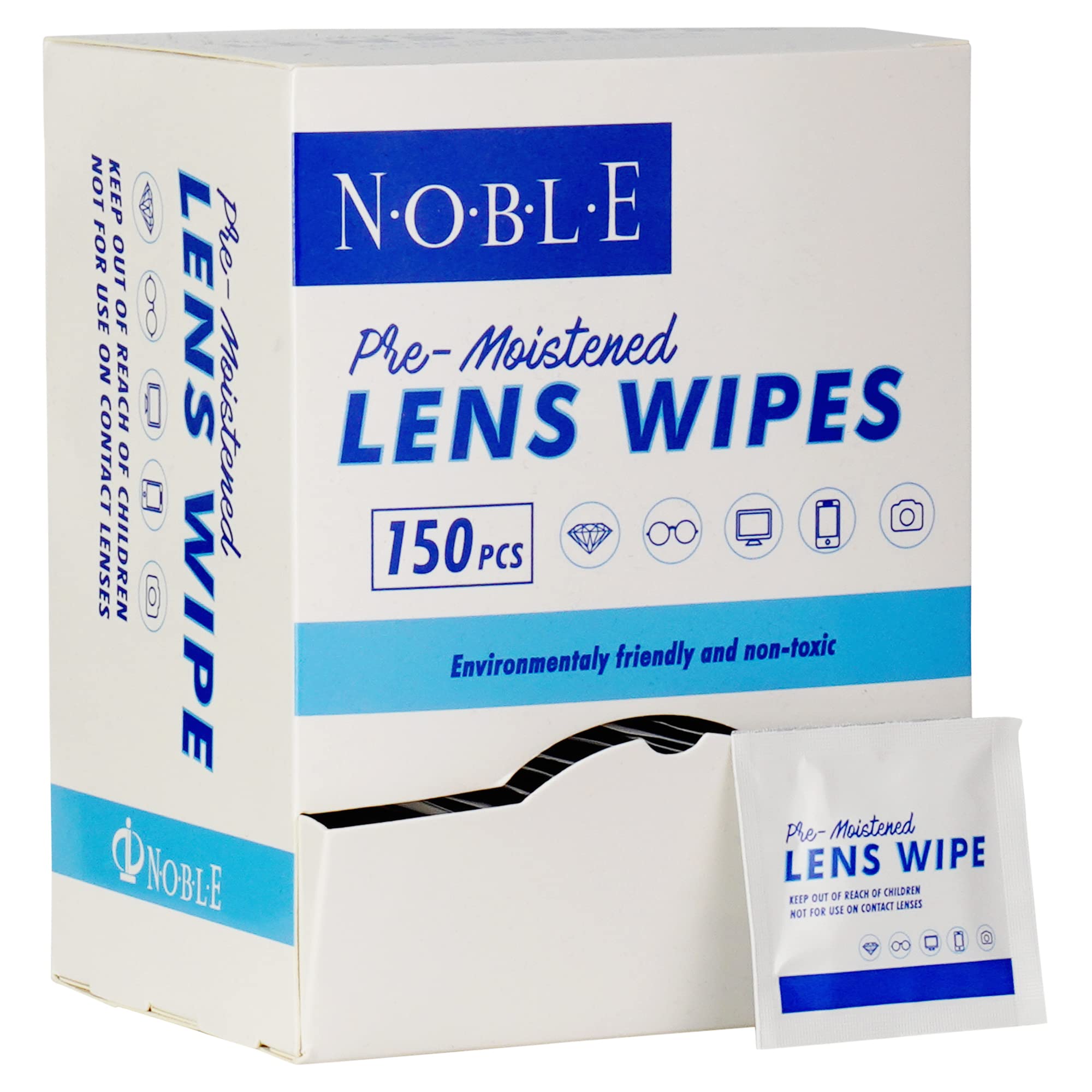 Noble Pre-moistened Lens Wipes | Individually Wrapped Lens and Screen Cleaning Wipes | Great for Eyeglasses, Tablets, Camera Lenses, Screens, Keyboards, and Other Delicate Surfaces (150 Wipes)