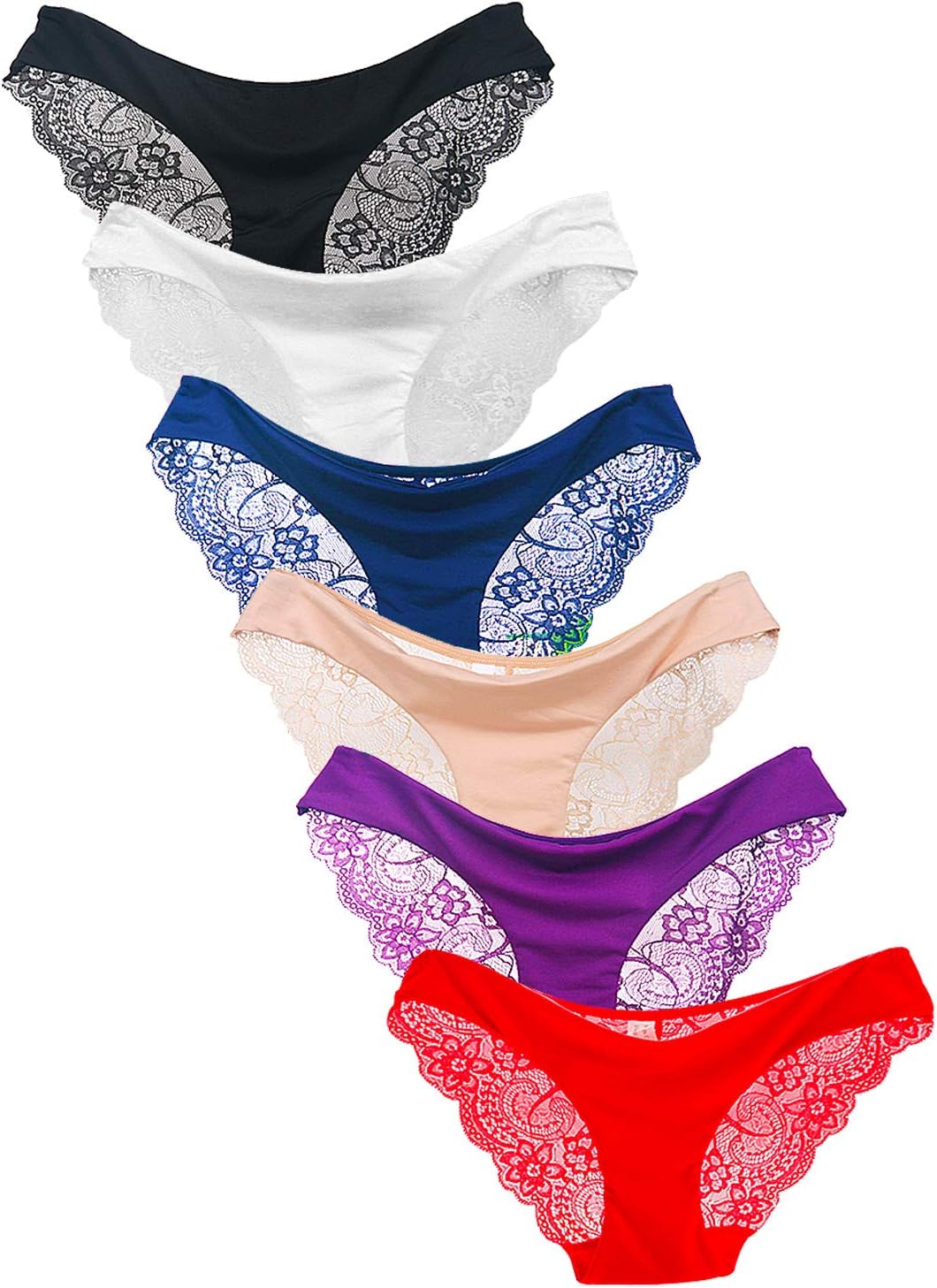 Kingfung Womens Seamless Low-Rise Panties Lace Thong Panties Hipster Underwear Pack of 3-6