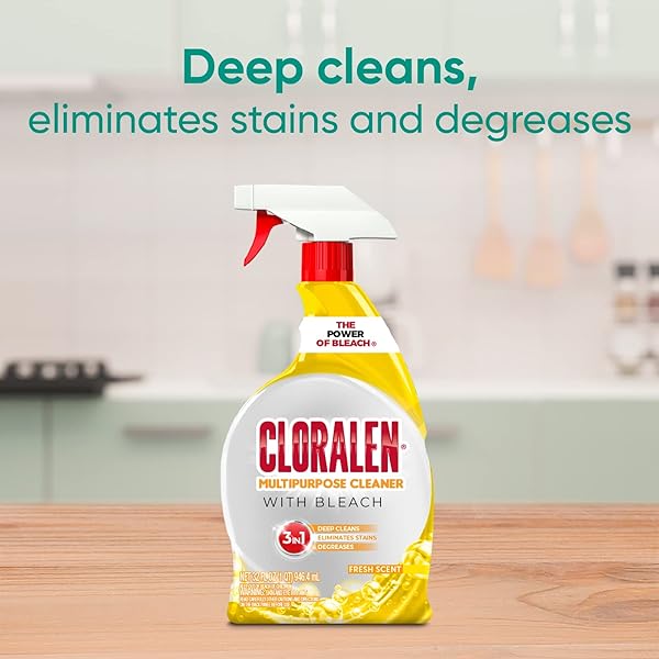 CLORALEN ALL PURPOSE CLEANER WITH BLEACH SPRAY – 32 FL OZ – FRESH SCENT – 3-IN-1 MULTIPURPOSE CLEANER SPRAY – DEEP CLEANS, ELIMINATES STAINS & DEGREASES
