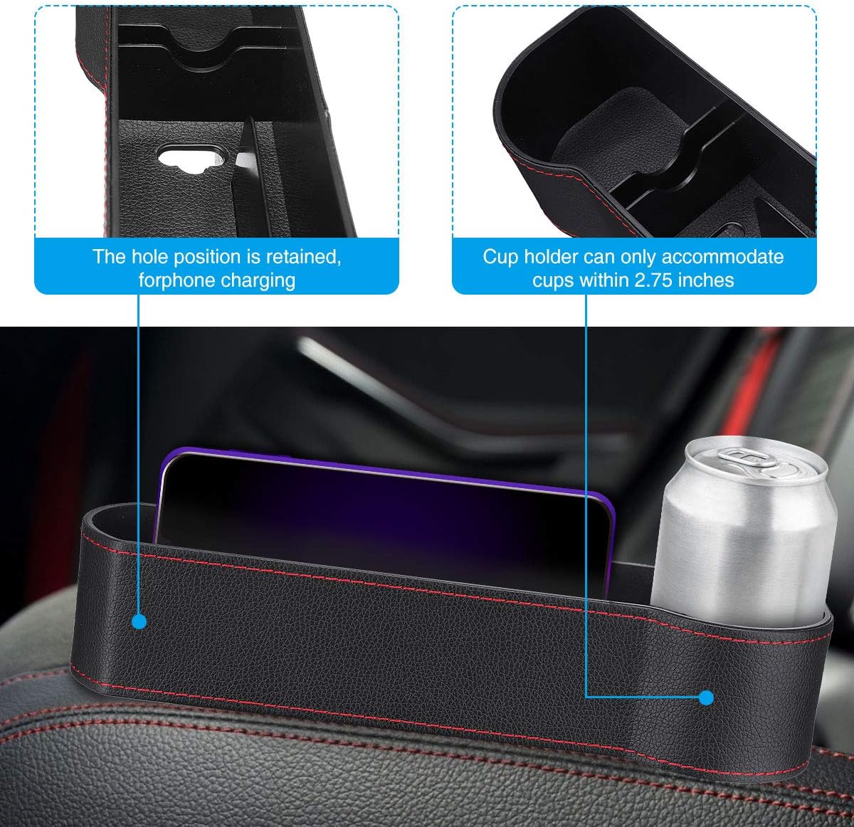 CHARMINER Car Seat Filler, 2 Pack PU Car Seat Organizer, Car Seat Storage with Cup Holder, Seat Console Side Pocket for Cellphones, Keys, Cards, Wallets, Sunglasses, etc. (Black) (2 Bag Brackets): Automotive