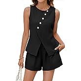 BMJL Womens Summer Outfits 2 Piece Vacation Short Sets Linen Button Down Matching Sets Vest and Shorts Sets