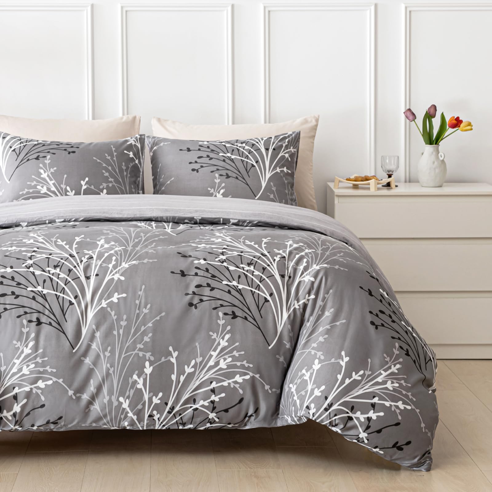 Tokokimo Grey King Size Duvet Cover Sets - Bedding Set Reversible Design, Soft Microfiber King Size Duvet Cover 230x220 cm with Pillowcases for Bedding Bed Set, Easy Care, Printed Grey/Flowers — image 1