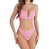 Donnalla Lingerie Sets for Women Sexy Lace Bra and Panty Set, Floral Front Closure No Padded Bralette and T-back Thong