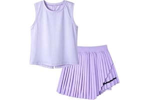 Rolanko Girls Tennis Skirt Set, UPF 50+ Tank Top & Pleated Skort with Built-in Shorts and Pocket Kids 2 Piece Outfit