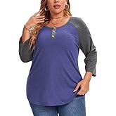 3/4 Sleeve Shirts for Women Plus Size Casual V Neck Blouses Color Block Henley Shirts