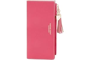 KOTORA Womens Slim Wallet Girls Thin Wallets Pretty Mini Long Card Holder Small Tiny Clutch Zip Purse Love Pendant Tassels Billfold (Cyclamen)