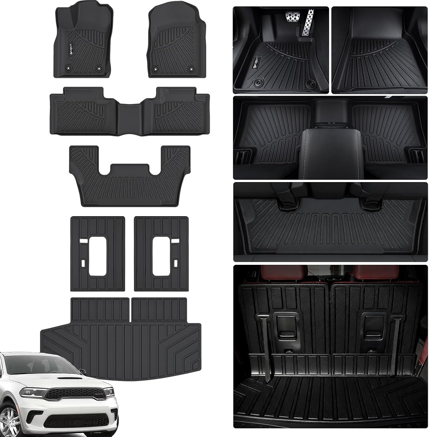LJWAITO Floor Liners & Cargo Liners & Backrest Mat for 2016-2025 2026 Dodge Durango 6 Seats-2 Row Bucket Seat，TPE All Weather Protection Car Floor Mats with Trunk Mat Covering The Backrest