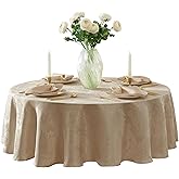 Newbridge Barcelona Luxury Damask Fabric Tablecloth, 108” Round, Golden Beige, 100% Polyester, No Iron, Soil Resistant Dining Room, Party and Banquet Table Cover
