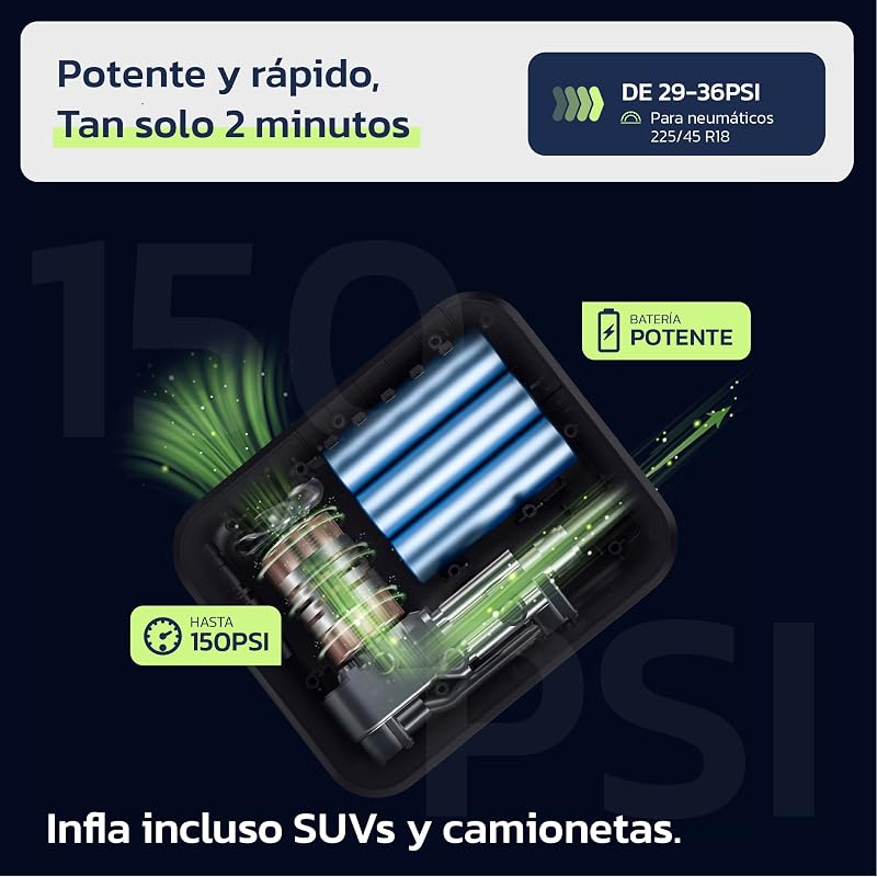 DP3 Inflador Ruedas Coche 150PSI/10,3Bar, Inflador Eléctrico, Compresor Aire Portátil, Bomba de Aire Eléctrica Recargable para Coche, Bicicleta, Motocicleta, Pelotas (Negro)