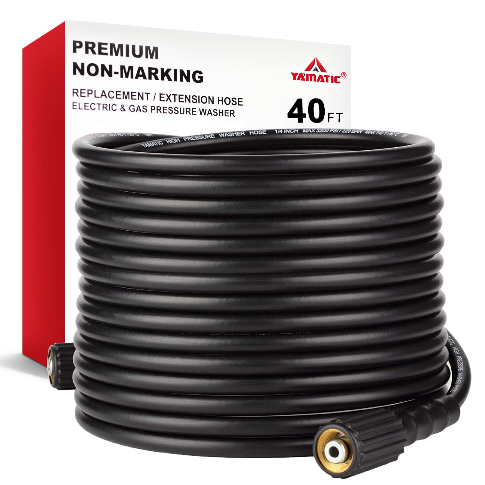 Photo 1 of YAMATIC Pressure Washer Hose 40FT 1/4" Kink Resistant M22 Brass Fitting Power Washer Hose Replacement for Ryobi, Troy Bilt, Greenworks, CRAFTSMAN & More High PressureWashers, 3200 PSI