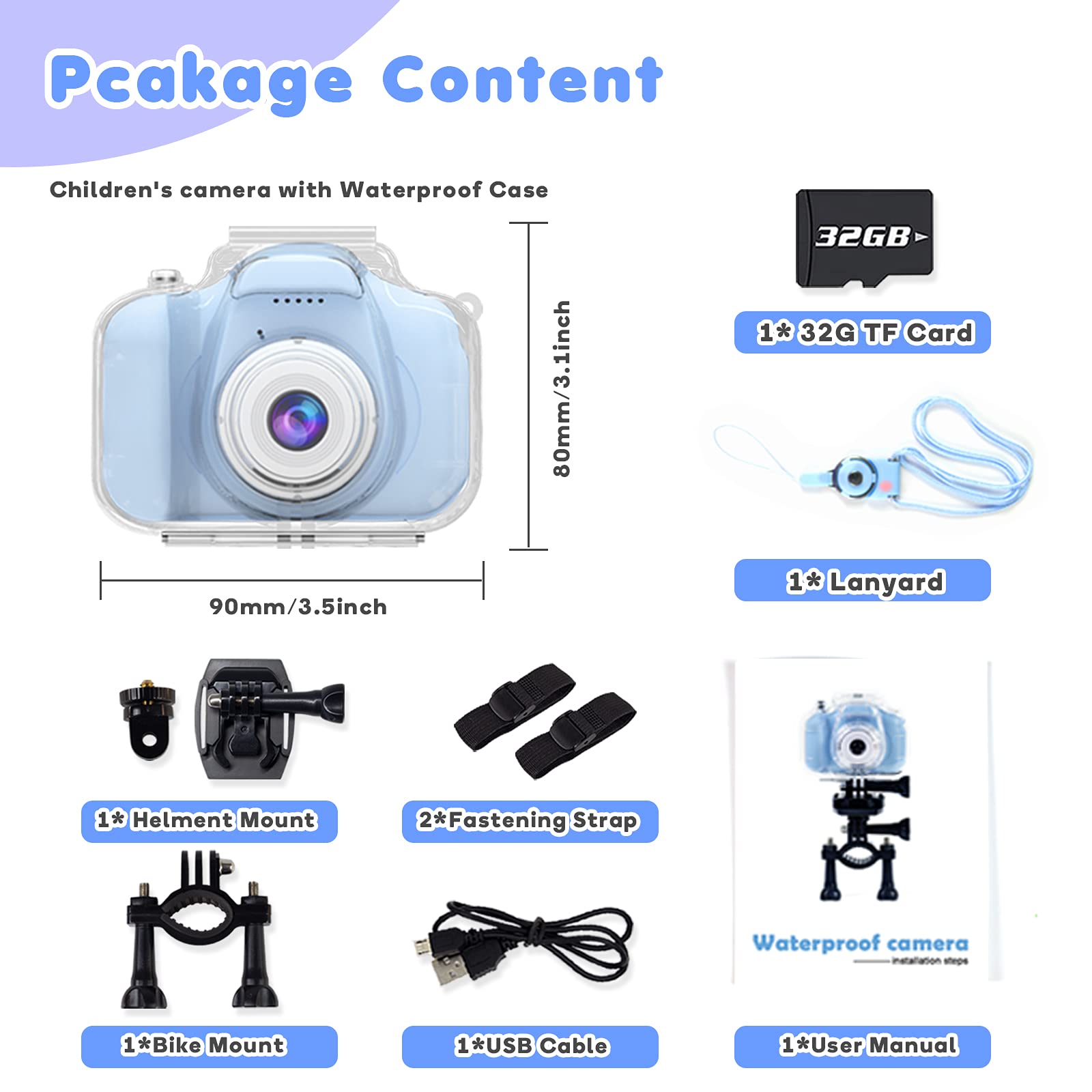 Yoophane Kids Waterproof Camera Gifts for 6 7 8 9 10 Year Old Action Kids Camera for Age 3-12 Christmas Birthday Gifts Underwater Video Recorder with 32GB SD Card (Blue)