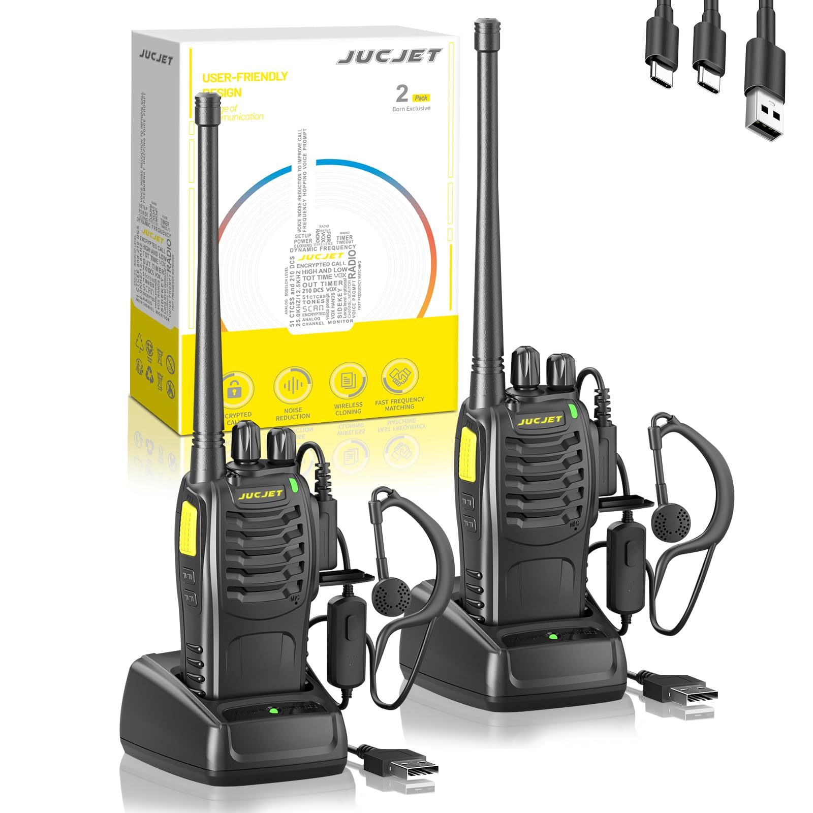 JUCJET 888HD Upgrade Version, 430-440MHz Single-Band Walkie Talkie, 16 Pre-Programmed Channels, Features One-Click Matching, Voice Noise Reduction, and Digital Encryption Communication (2-Pack)