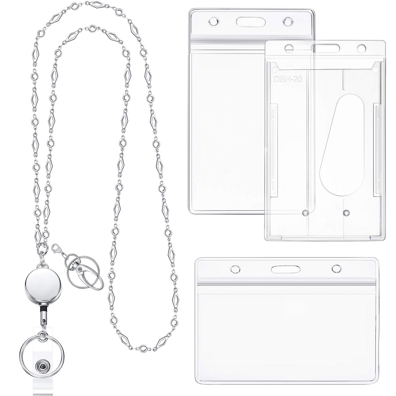 Blulu 3 Pcs Retractable Badge Reel Lanyard Necklace with ID Holder for Women Stainless Steel Beaded Chain Necklace Retractable Reel Clip Chain with Water Resistant Name Badge Holders