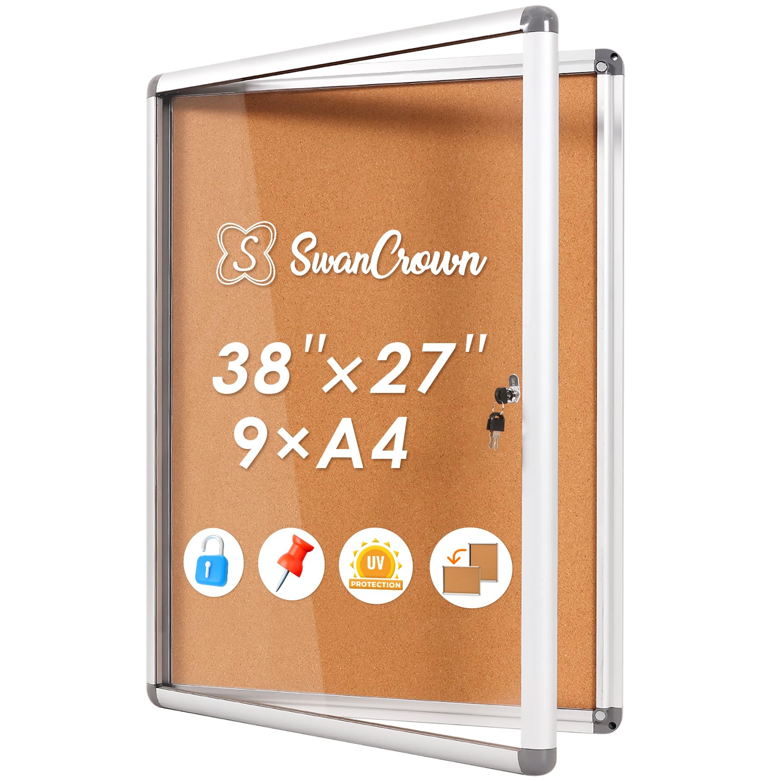 SWANCROWN Lockable Notice Board 98x72cm, Cork Pin Board for Office School Home, Tamperproof Display Board for Poster (9xA4) — image 1