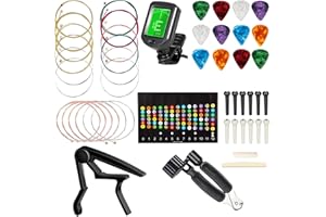 JINWEE Guitar Accessories Kit Including acoustic Guitar Strings, tuner, guitar capo, 3-in-1 restring tool, guitar picks, bridge pins, guitar nuts saddles and Fretboard Stickers(48 Pcs)