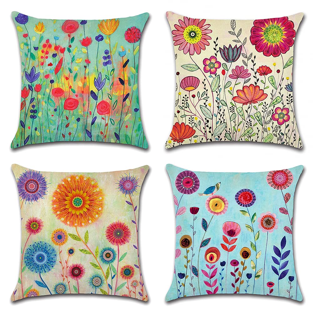 Artscope Set of 4 Decorative Cushion Covers 45x45cm, Flowers Pattern Waterproof Throw Pillow Covers, Perfect to Outdoor Patio Garden Bench Living Room Sofa Farmhouse Decor