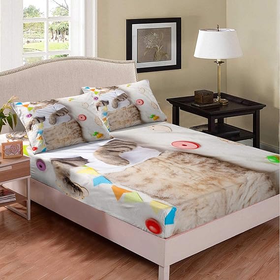 Loussiesd Cat Fitted Sheet Cartoon Cat Home Decorative