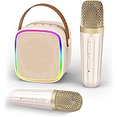 Texpot Mini Karaoke Machine with 2 Wireless Microphones, Kids Toys Portable Bluetooth Speaker for Kids Adults Toddler, Christmas Girls Toys for 4 5 6 7 8 9 10 12 Year Old Birthday Gift Ideas(Beige)