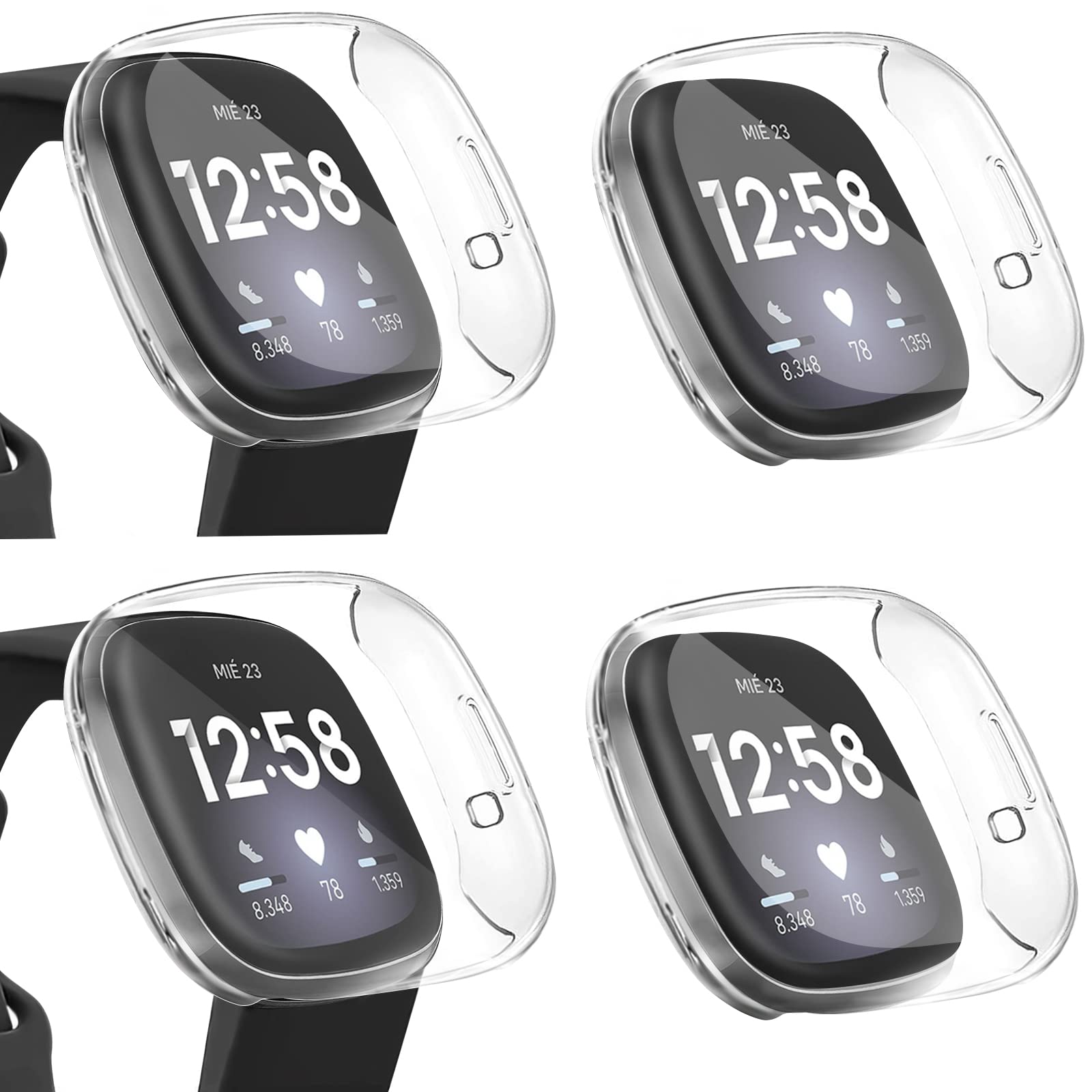 Oumida Screen Protector Compatible with Fitbit Versa Sense/Fitbit Versa 3 Screen Protector Case, TPU Protective Shockproof Cover Bumper for Versa 3/Versa Sense (Clear/Clear/Clear/Clear)