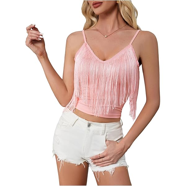 RoseSeek Women's Sleeveless Fringe Camisole Tops V Neck Spaghetti