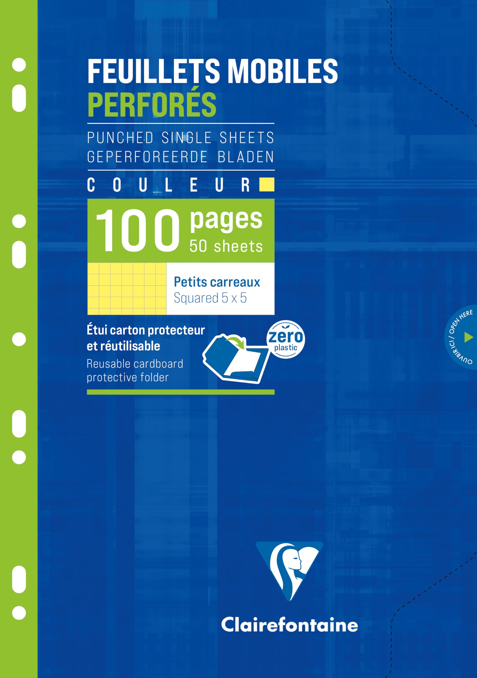 Clairefontaine 1746C - One Pack of Yellow Perforated Single Sheets - 50 Sheets - A4 21x29.7 cm - 100 Small Squares Pages - White Paper 90 g - Reusable Wallet