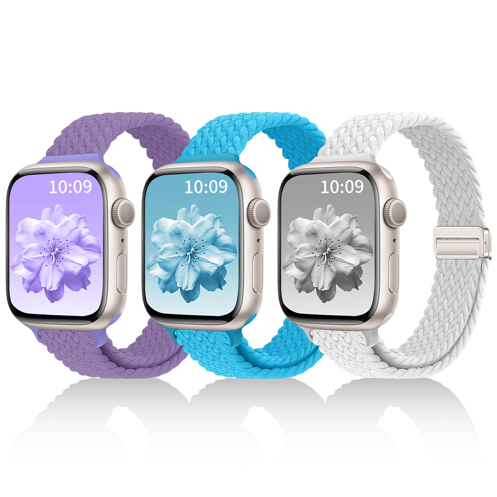 3 Pack Slim Braided Stretchy Bands Compatible with Apple Watch Band 38mm 40mm 41mm 42mm 44mm 45mm 46mm 49mm Women Men, Thin Nylon Magnetic Strap Bands for iWatch Series 10/9/8/7/6/5/4/3/2/1/SE Ultra