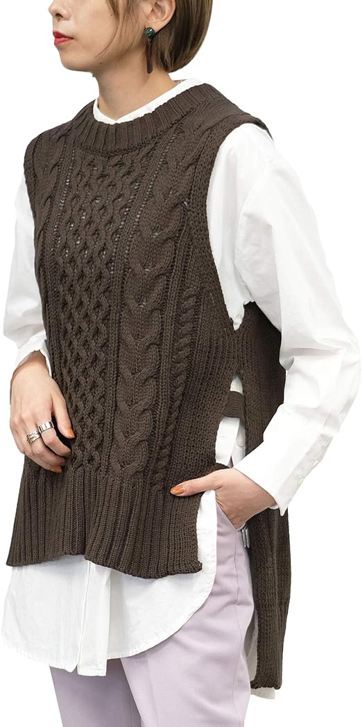 Amazon アンドジェイ サイドベルト ケーブル ニット ベスト 4428 レディース ケーブル編み M ブラウン ベスト 通販