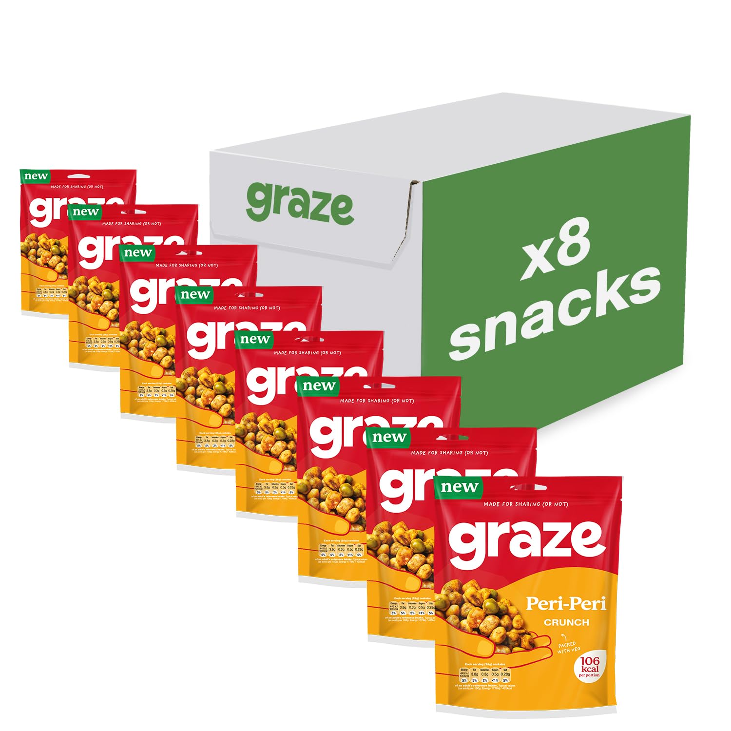 Graze - Peri Peri Snacks- Healthy Snacks Alternative for Crisps, Mixed Nuts & Pretzels - Ideal if you Love Corn, Broad beans and Corn hoops mixed Savoury Vegan Snacks (8x100g pack)