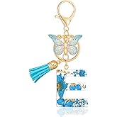 MWOOT Initial Letter Keychain Resin Alphabet Keyrings,Blue Petals Gold Foil Key Ring Charm,Cute Car Key Chain