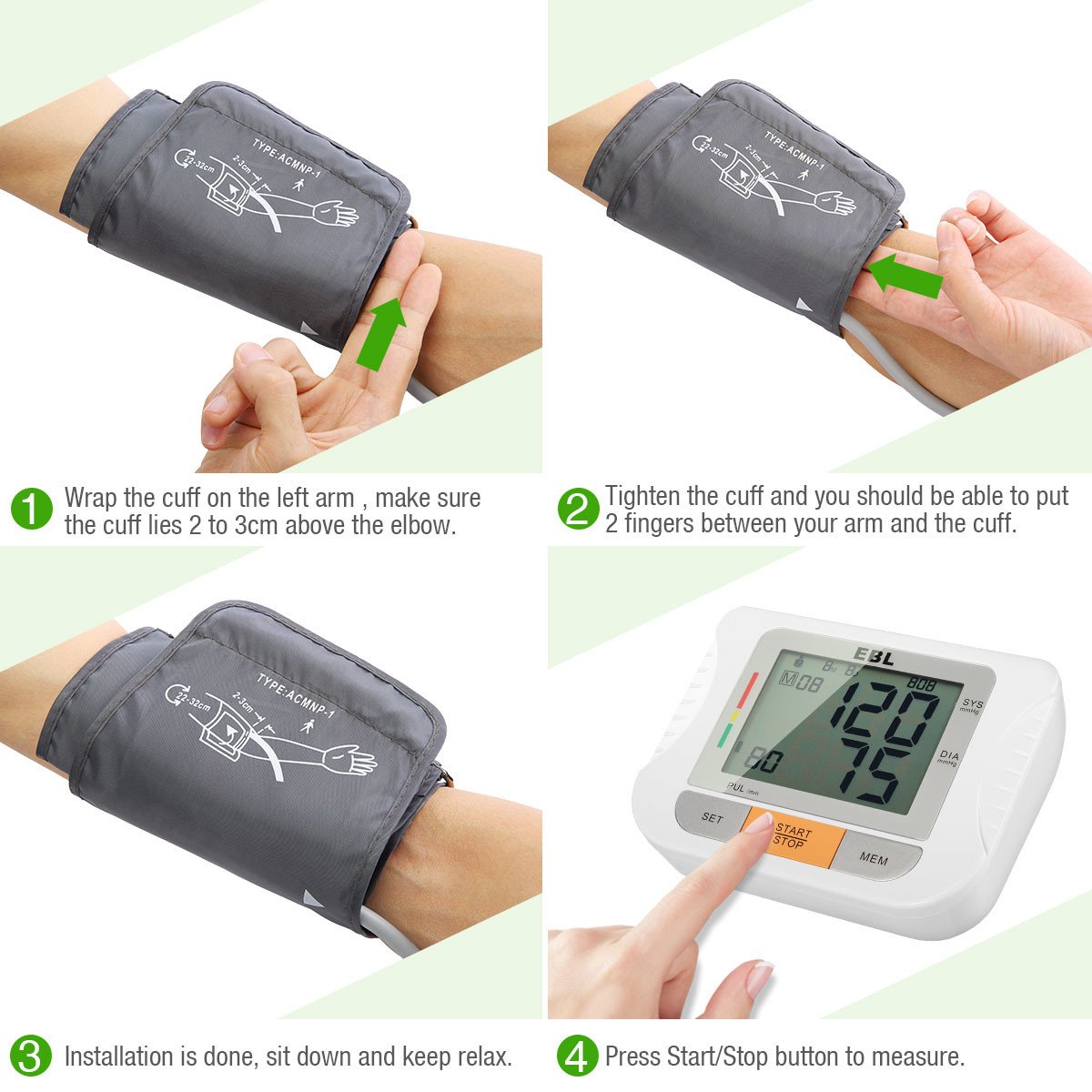 EBL Blood Pressure Monitor for Professionals and Home Users, Upper Arm Blood Pressure Monitor with Large LCD Display, Heartbeat Detector Memory Store Last 180 Readings
