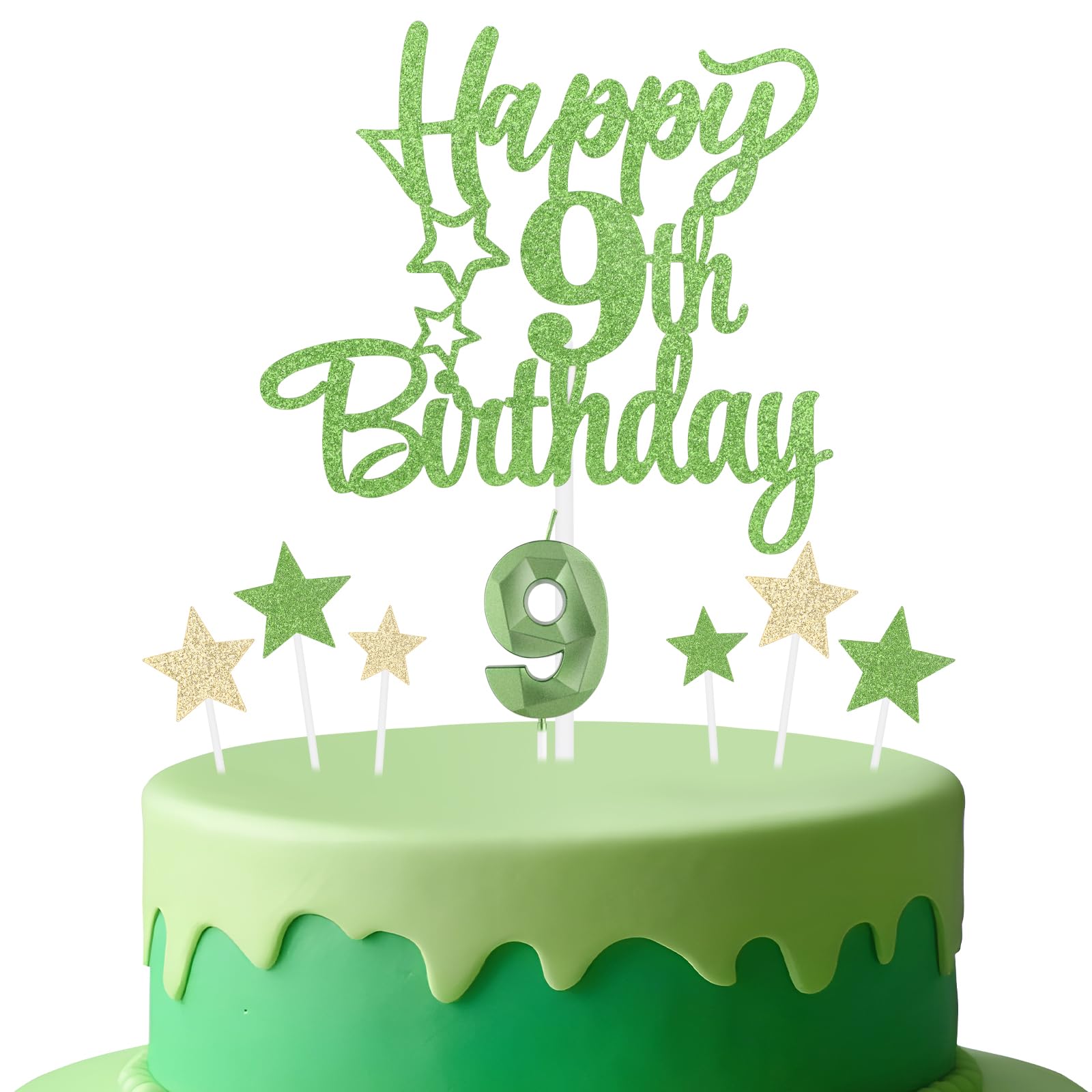 mciskin Tender Green 9th Birthday Candles Cake Toppers Set,3D Number 9 Candle for Cake,Light Green Candles Yellow Star Toppers for Girls Boys 9th Birthday Decorations Party Supplies