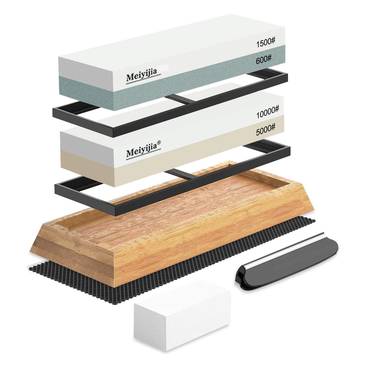 Meiyijia - Sharpening Stone, Premium Whetstone Waterstone Knife Sharpener Kit, Non-Slip Bamboo Base,2 Side Grit