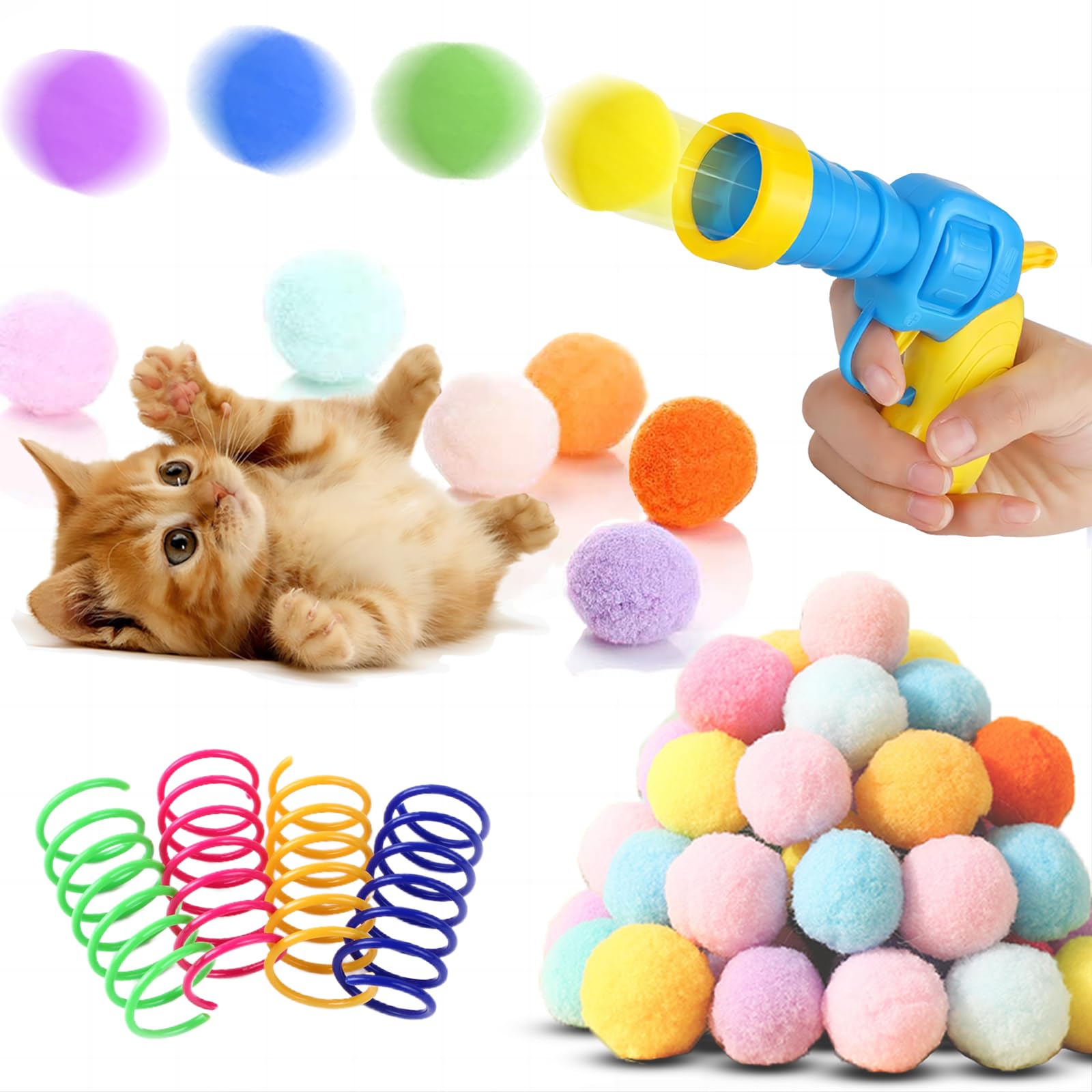 Photo 1 of BaiKevin Low Noise Interactive Cat Ball Launcher Gun, 1 Noise-Reduced Launcher (New Upgraded), 20 Pcs Colorful Silent Plush Pom Pom Balls (1.2 inches), with 4 Pcs Cat Spring Toy