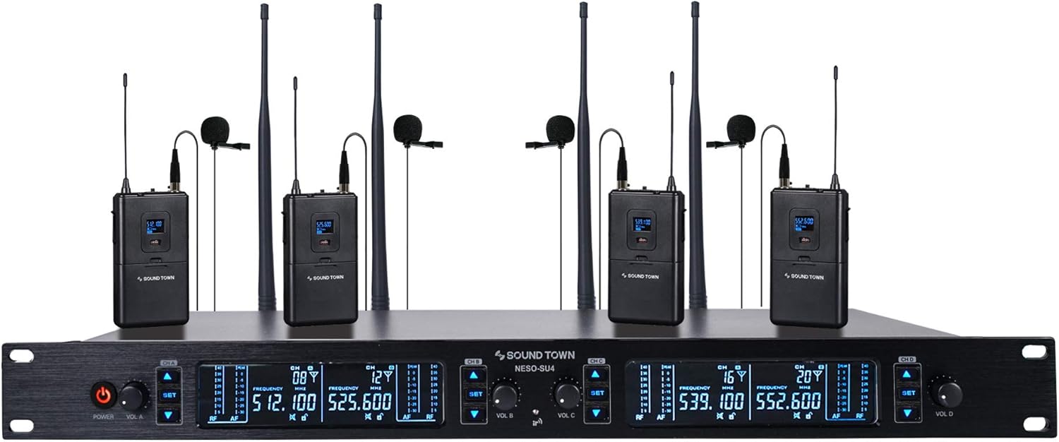 Sound Town Metal 200 Channels Metal UHF Wireless Microphone System with Rack Mountable Receiver, 4 Lavalier Mics, 4 Bodypack Transmitters and Auto Scan, for Church, School, Meeting and Karaoke