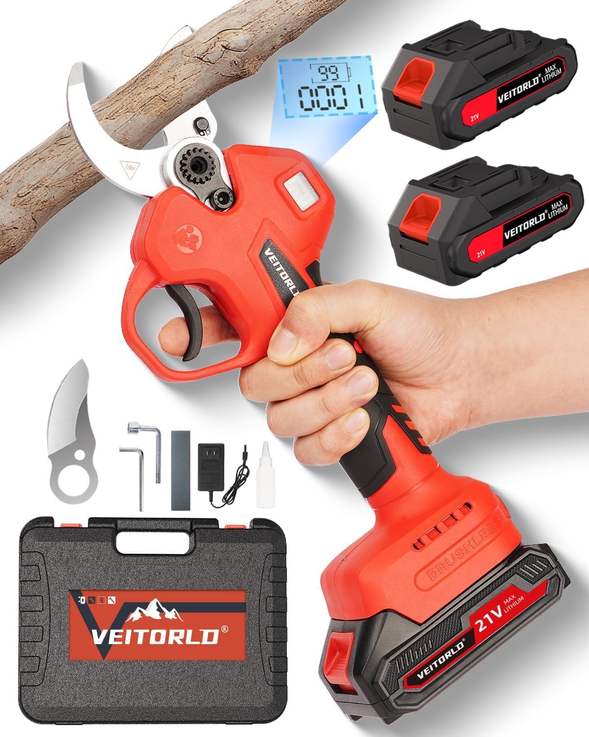 Veitorld Akku Astschere, 40MM Gartenschere mit 2 Akku 2000mAh, Bürstenloser Motor Baumschere, Kabellose Elektrisch Garten Schere mit LED-Schnittzählerm, Muttertag Geschenk für Mama Frauen