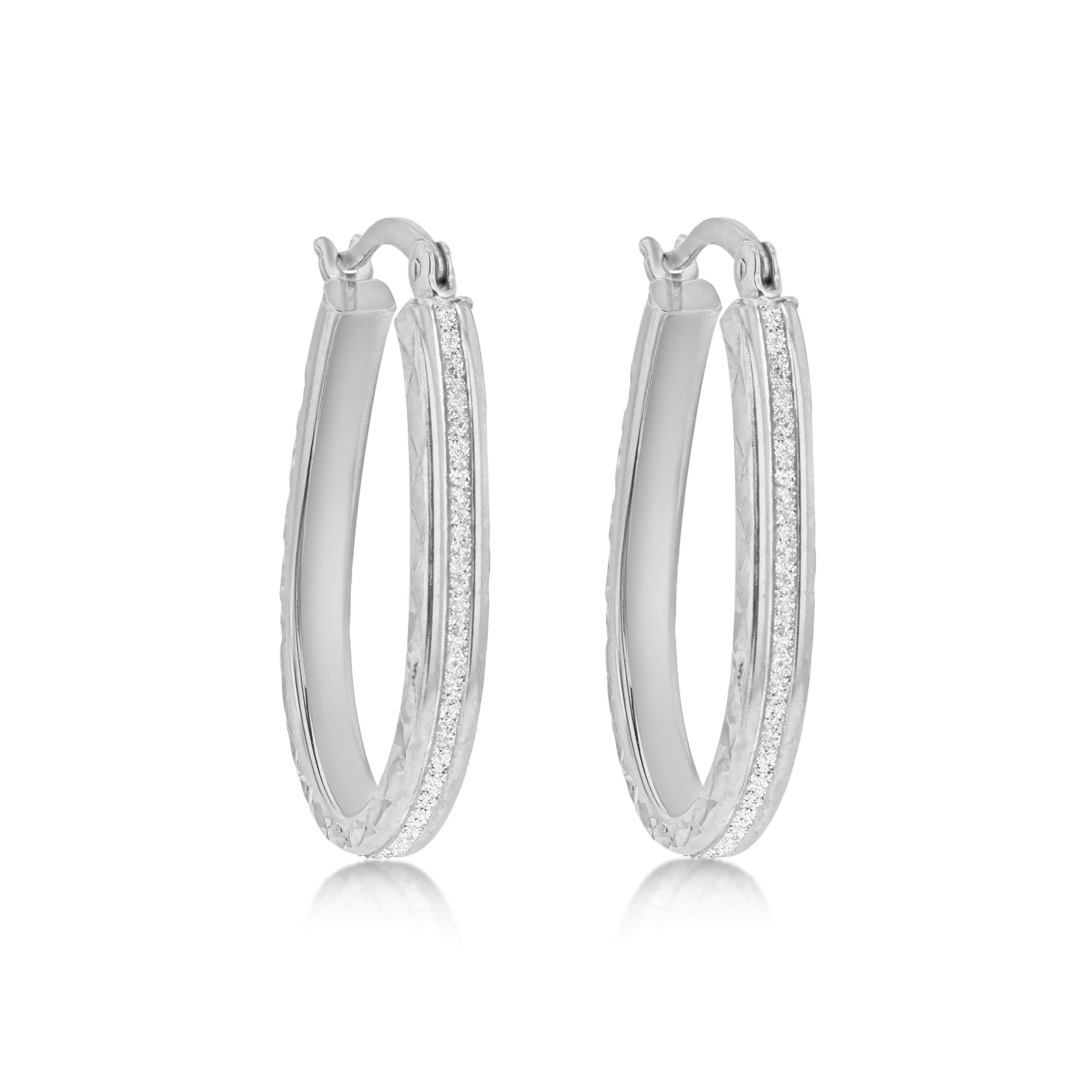 Tuscany Silver Women's Sterling Silver Rhodium Plated Textured Stardust Oval Creole Earrings