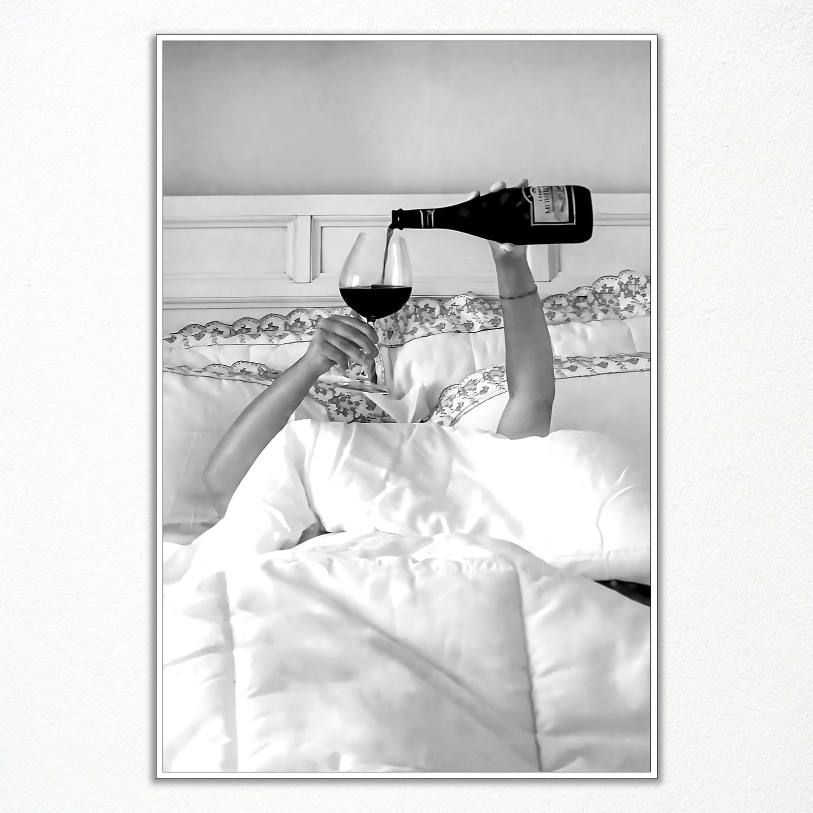 Anslipswar Preppy Canvas Wall Art, Girl In Bed with Champagne Pictures, Modern Neutral Fashion Poster Trendy Teen Girl Funky Home Wall Decor for Living Room Bar Cart 12x16in Unframed