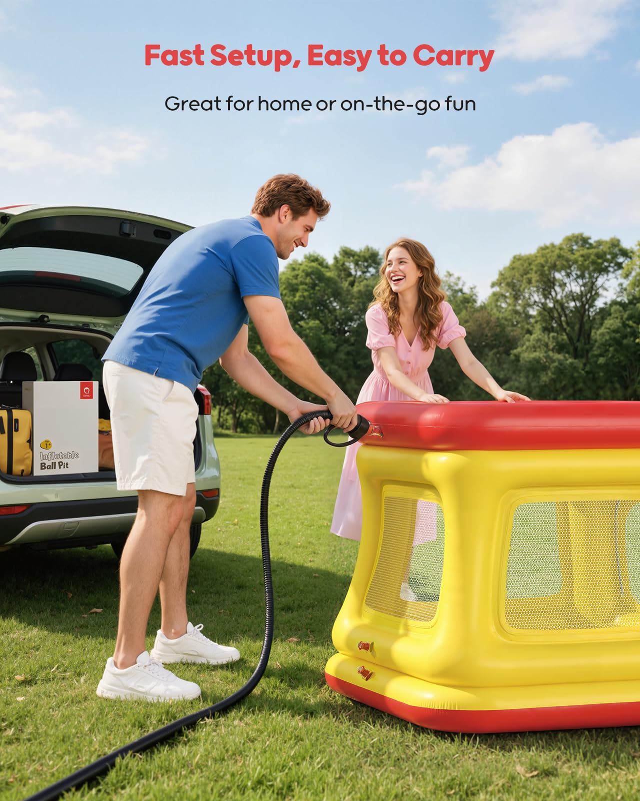 QPAU 3-in-1 Inflatable Bounce House for Toddlers 1-3, Ball Pit & Trampoline, Inflatable Bouncy House with Pump, Safety Net, Indoor & Outdoor Bubble Bouncer Baby Play Yard