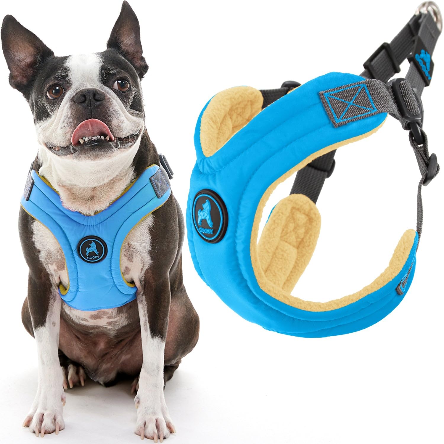 GOOBY Escape Free Memory Foam Harness - Blue, Large - No Pull Step-in Small Dog Harness with Four Point Adjustment - Perfect on The Go Dog Harness for Medium Dogs No Pull and Small Dogs