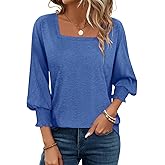 PGANDS Women's 3/4 Sleeve Tops Square Neck Spring Summer Casual Smocked Cuffs Shirts