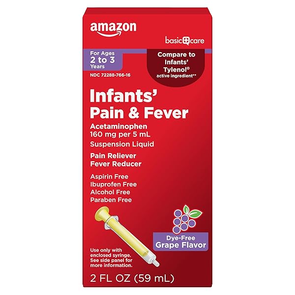 AMAZON BASIC CARE INFANTS’ PAIN & FEVER, ACETAMINOPHEN 160 MG PER 5 ML, SUSPENSION LIQUID, DYE-FREE GRAPE FLAVOR, 2 FL OZ (PACK OF 1)