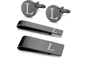 Drperfect 4 PCS Initial Cufflinks and Tie Clips for Men Stainless Steel Personalized Engraved Cuff Links and Tie Bar Money Cl