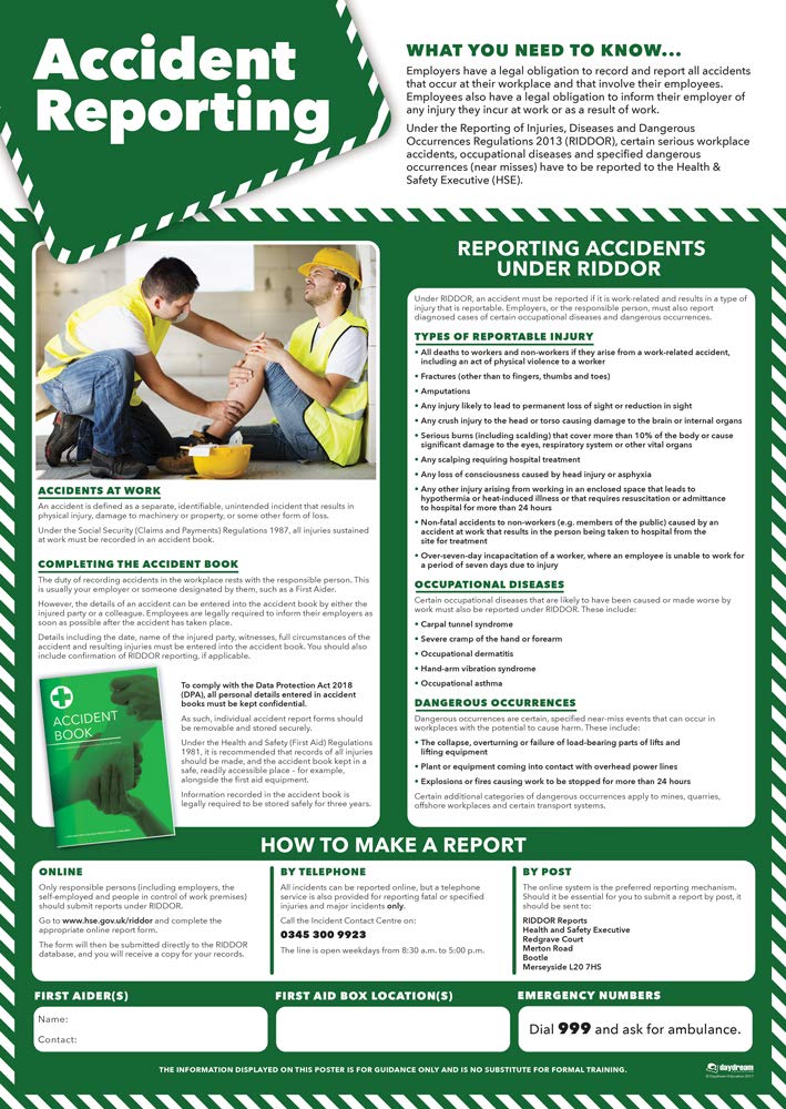 Accident Reporting | Health and Safety Posters | Laminated Gloss Paper 420mm x 594mm (A2) | Health and Safety Office and Commercial Wall Charts | Education Charts by Daydream Education