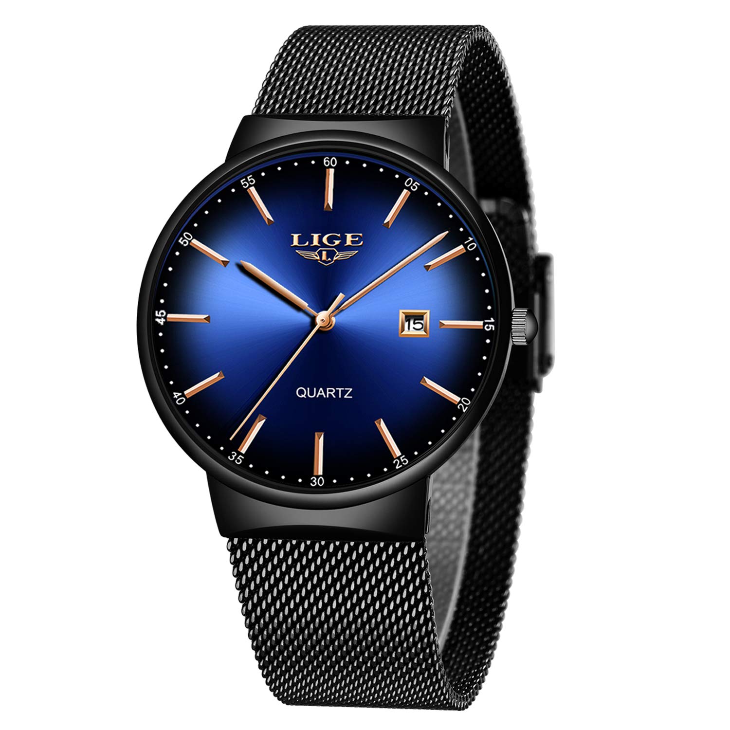 LIGE Men's Watch Slim Waterproof Stainless Steel Mesh Fashion Minimalist Analogue Quartz Black/Blue 8.07 Bracelet