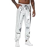 NewL Mens Gold Metallic Shiny Rave Night Club Pants Comfort Sweatpants Disco Dance Party Elastic Trousers